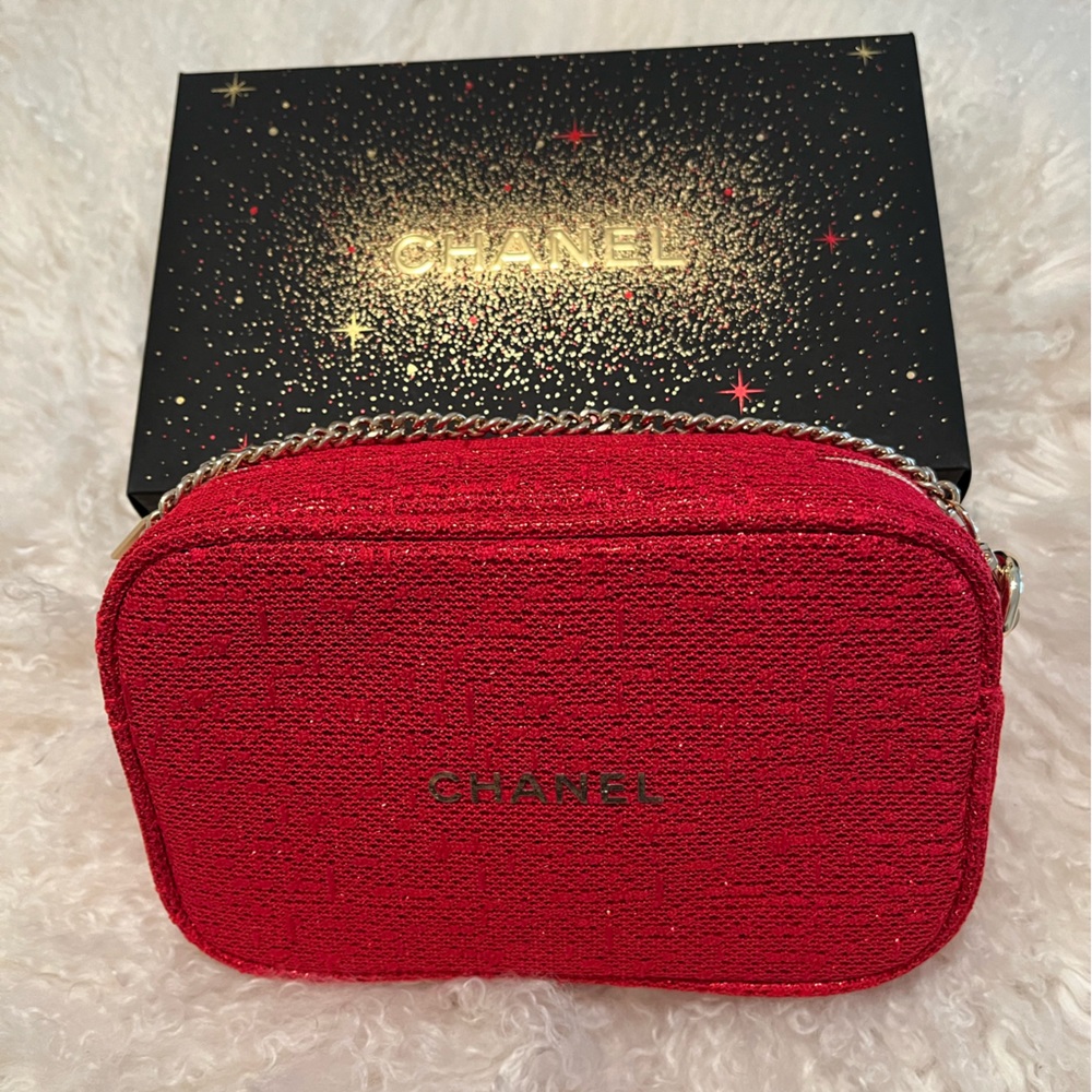 Chanel Red Holiday Cosmetic Bag with Gold Chain